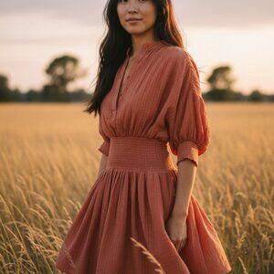 Never A Wallflower Cynthia Pintuck Dress NWT Carnelian XS Boho Smocked Mini $298